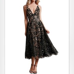 Dress the Population | Dresses | Dress The Population Black Nude Blair Lace  Plunge Midi Dress Medium New 2880 | Poshmark